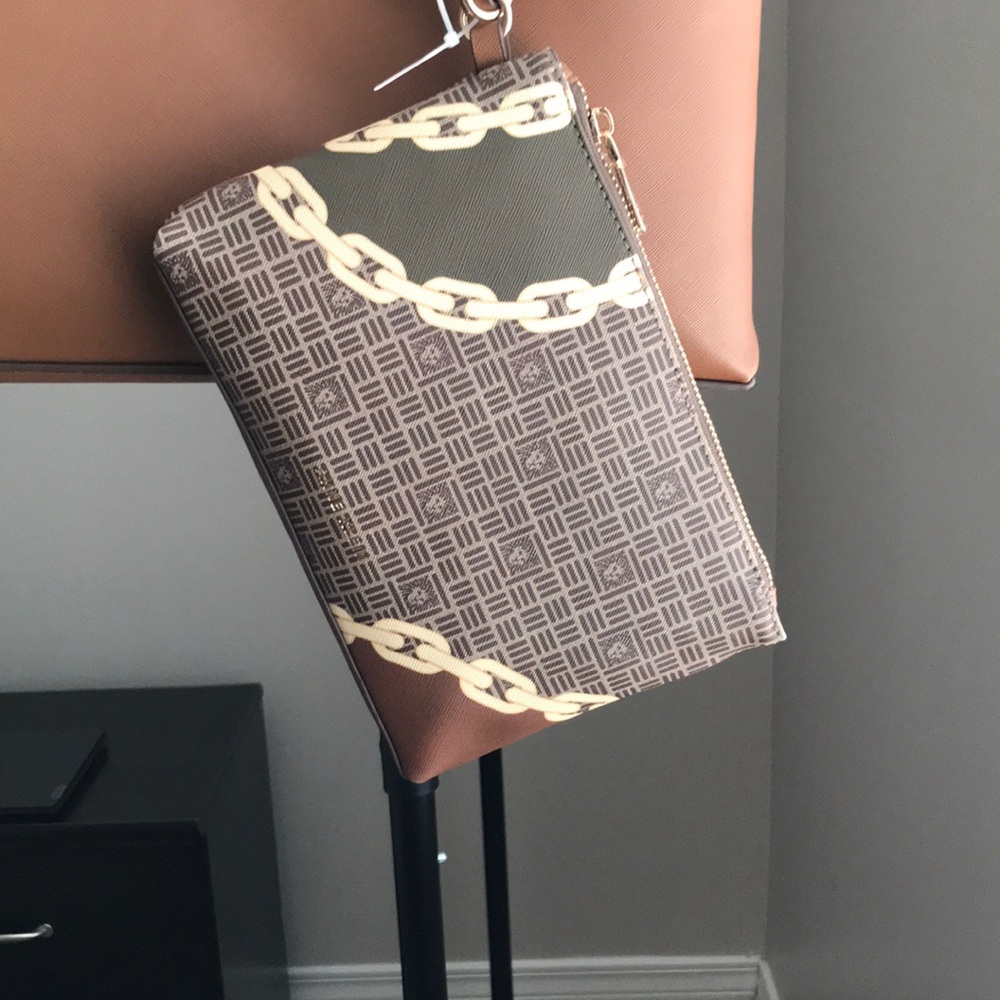Anne Klein Brown Tote with Chain Pattern Pouch - Picture 3 of 4